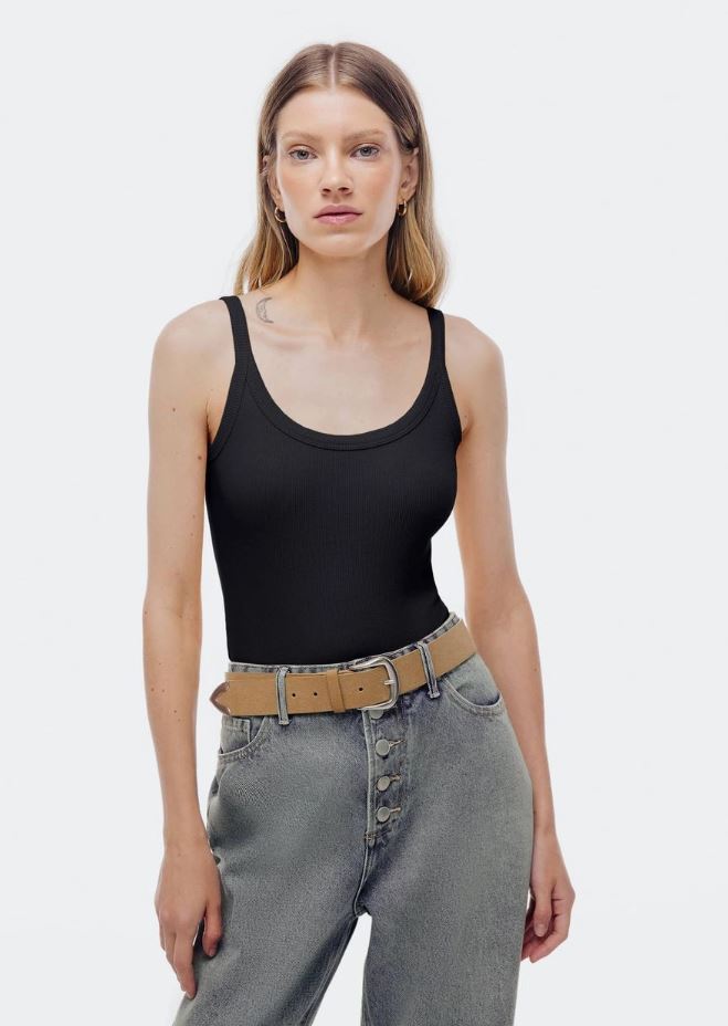 Blusa Regata Hering Decote U Em Ribana Feminina - Preta