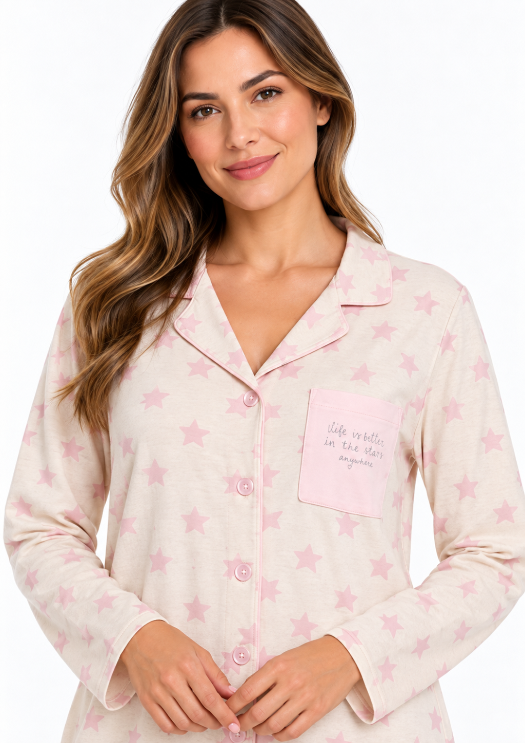 Camisola Inverno Estrelas Manga Longa com Botões Feminina MagiaMix - Bege