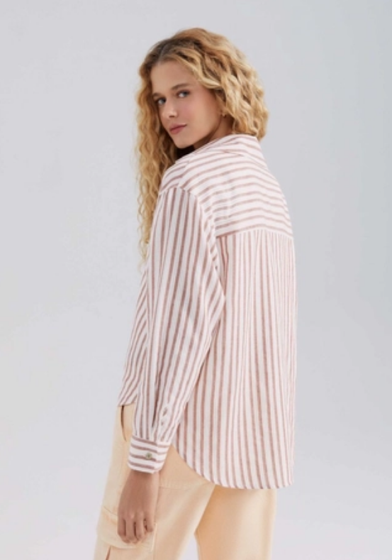 Camisa Hering Manga Longa Listrada Feminina - Bege