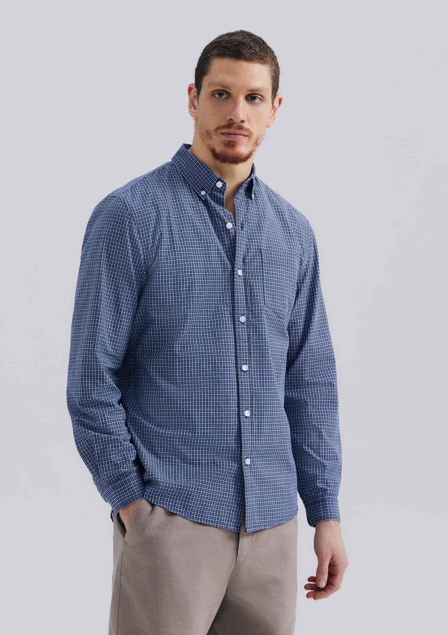 Camisa Básica Hering Manga Longa Slim Xadrez Masculina - Azul