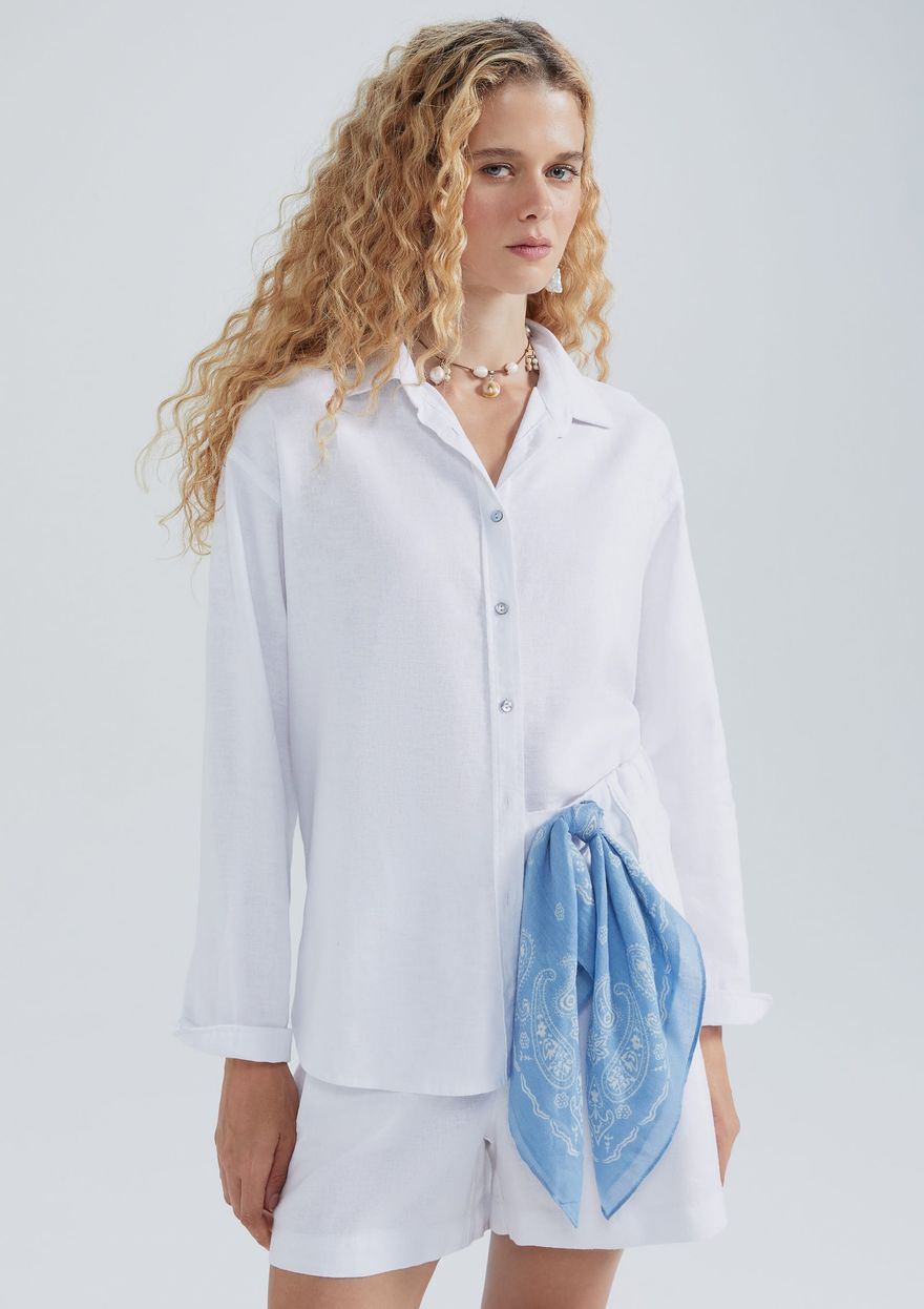 Camisa Oversized Hering Feminina Manga Longa  Em Linho – Off Creme