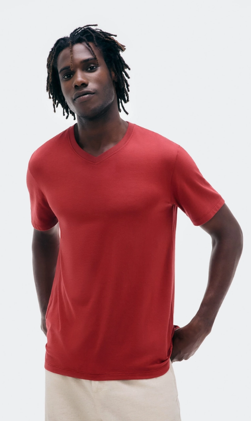 Camiseta Básica Hering Masculina Manga Curta Decote V World - Vermelho