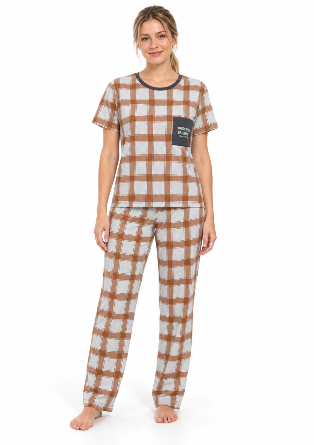 Pijama em Algodão Estampa Xadrez Terracota Feminino MagiaMix