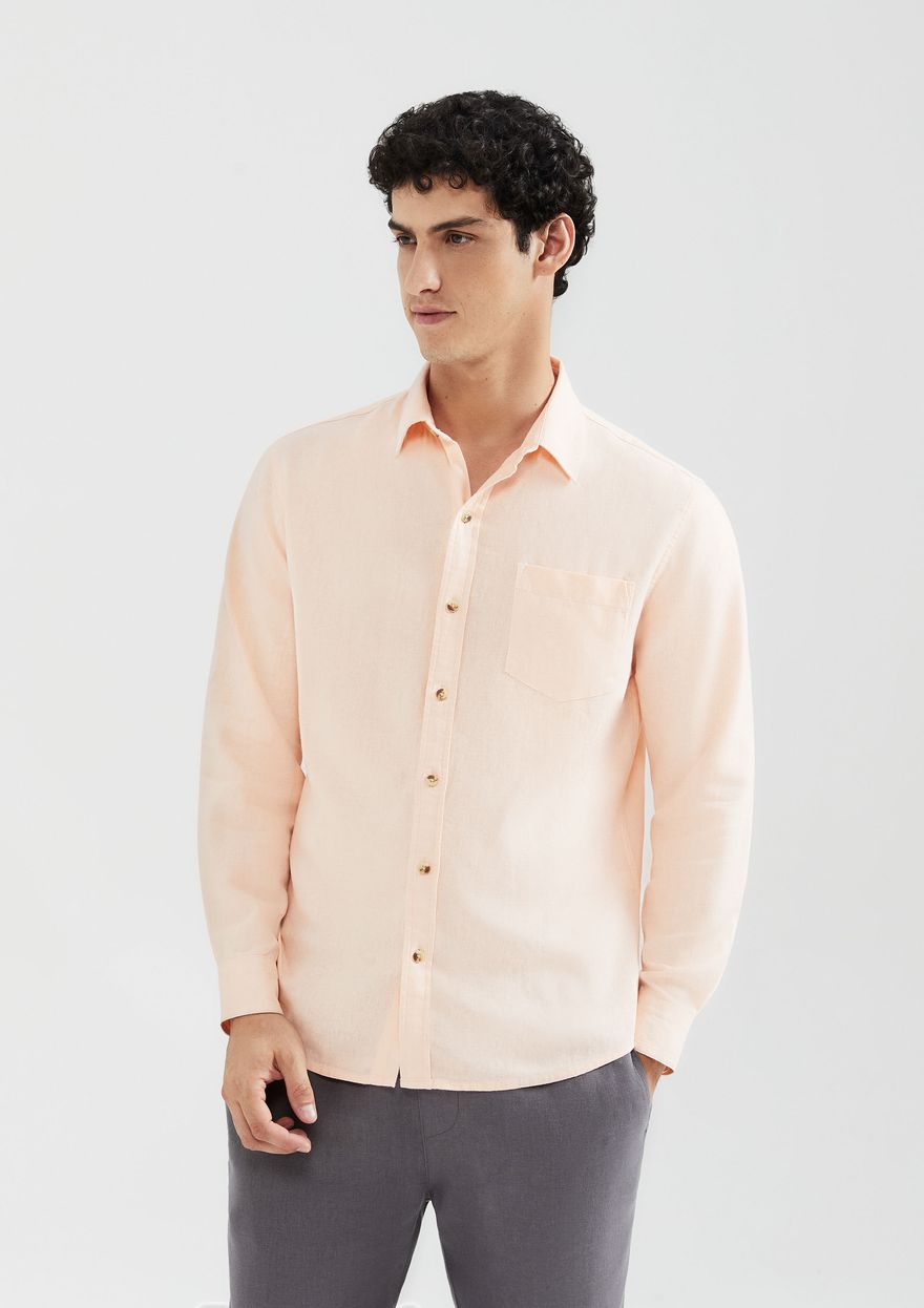 Camisa Hering Manga Longa Em Linho Masculina - Rosa