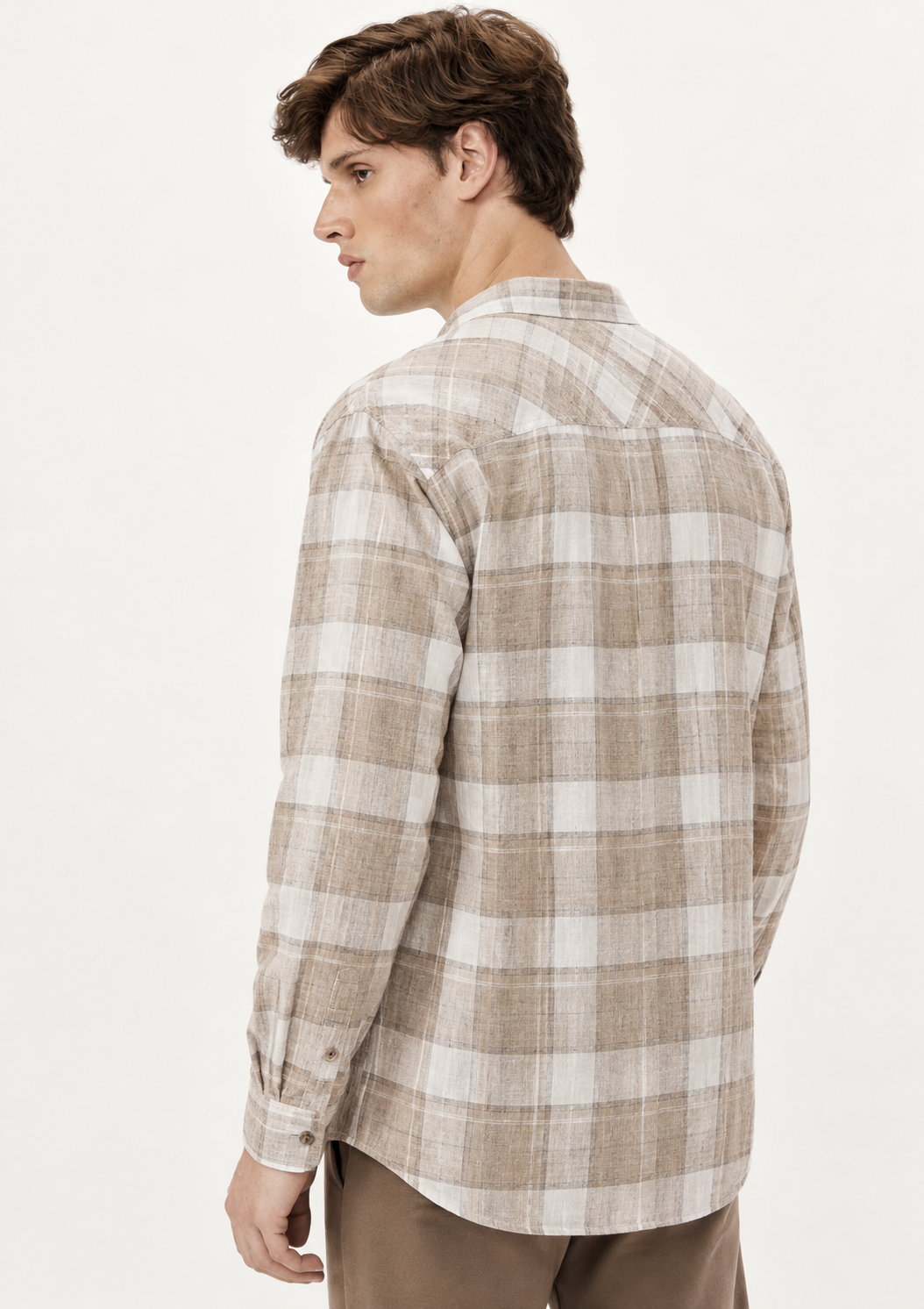 Camisa Masculina Manga Longa Xadrez Em Linho Hering - Natural
