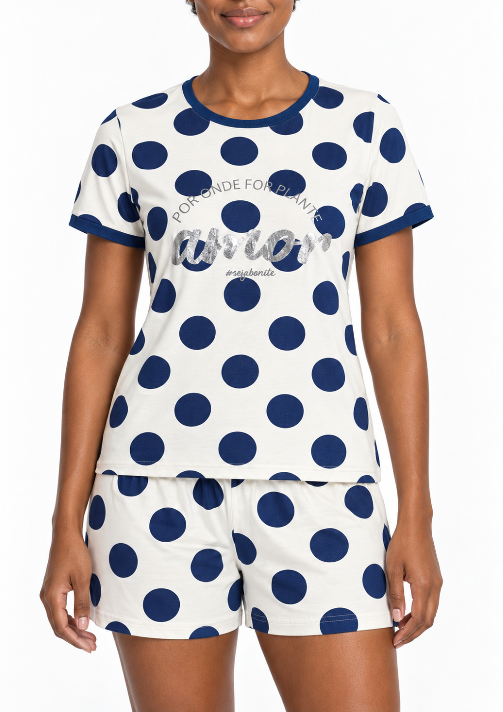 Pijama em Viscose e Estampa Poá Feminino MagiaMix - Azul e Off-white