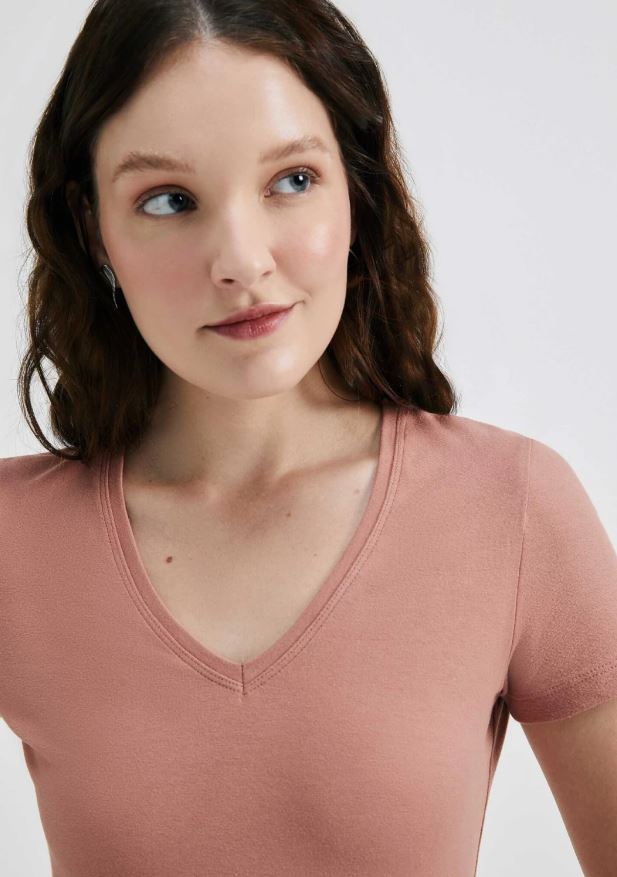 Blusa Básica Hering Decote V Feminina - Marrom Rosado