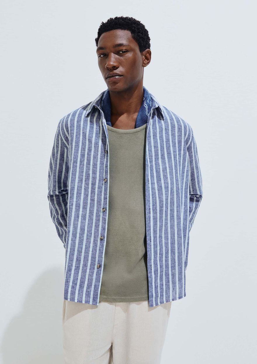 Camisa Solar Hering Manga Longa Em Linho Listrada Masculina - Azul