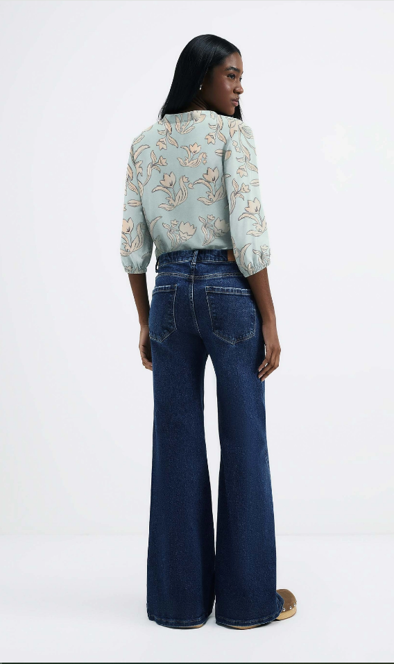 Calça Jeans Hering Pantalona Cintura Alta Com Elastano Feminina - Azul
