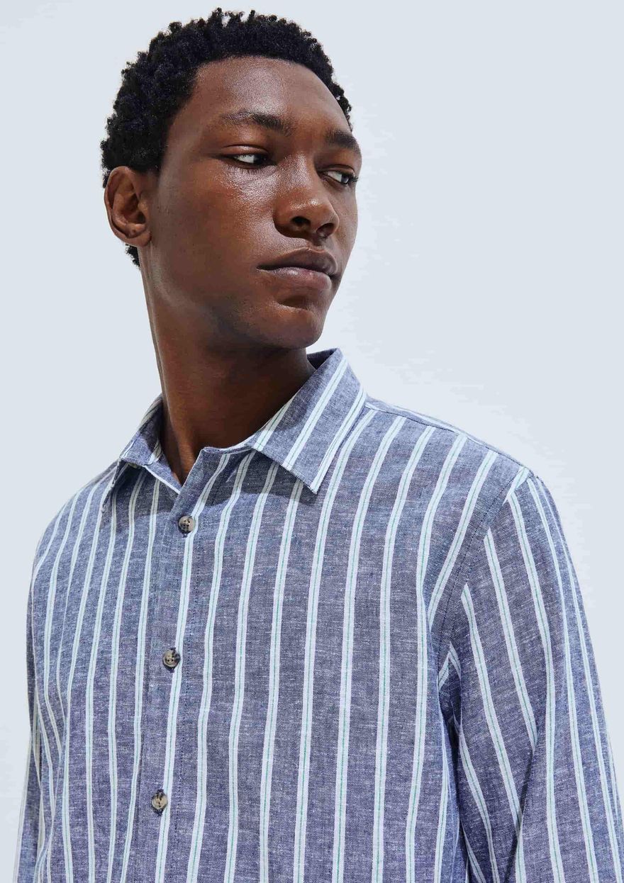 Camisa Solar Hering Manga Longa Em Linho Listrada Masculina - Azul