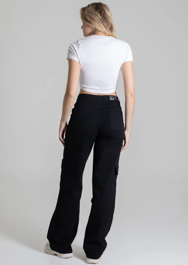 Calça Sarja Sawary Wide Leg- Black