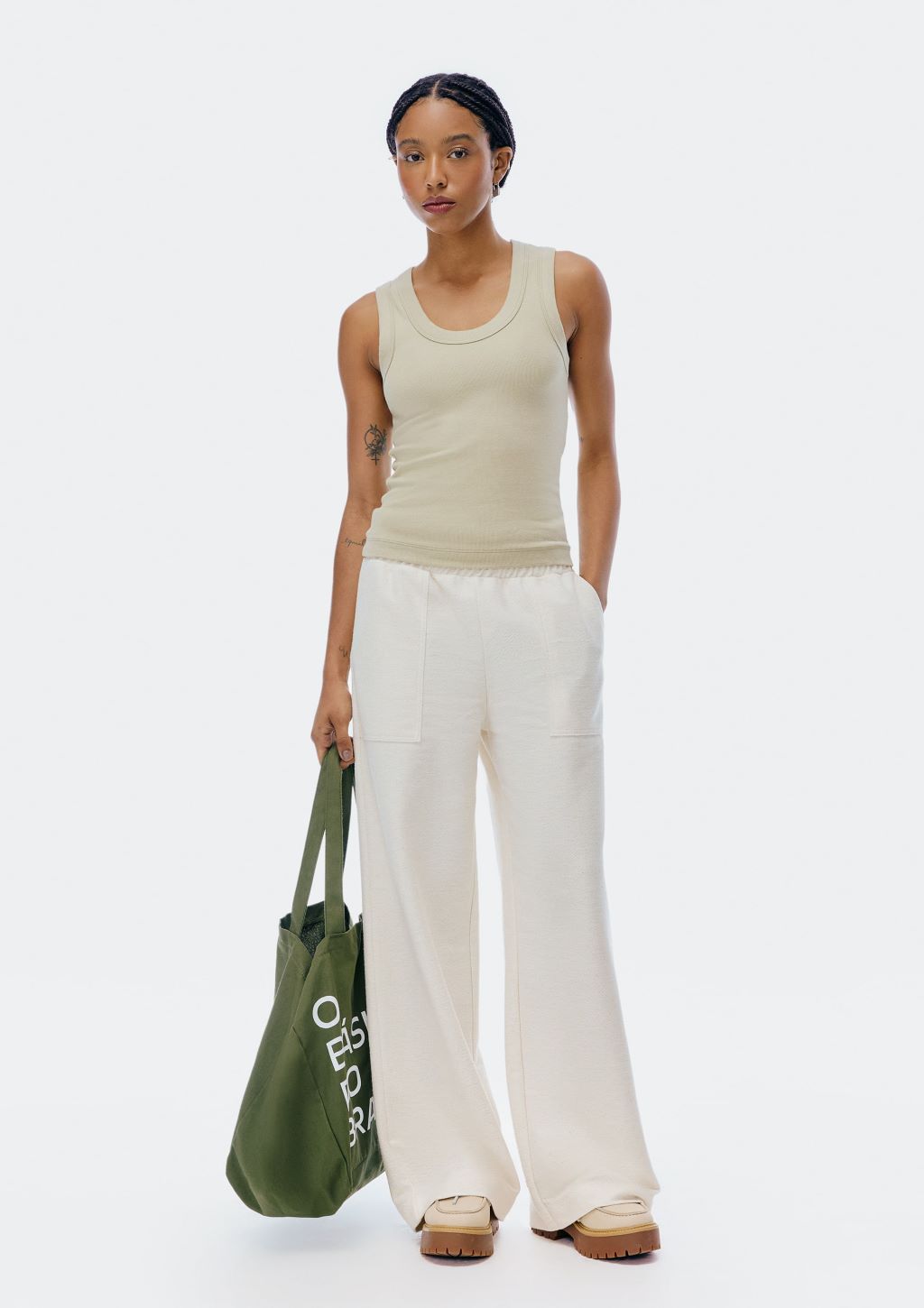 Calça Wide Leg Com Linho Feminino Hering - Bege