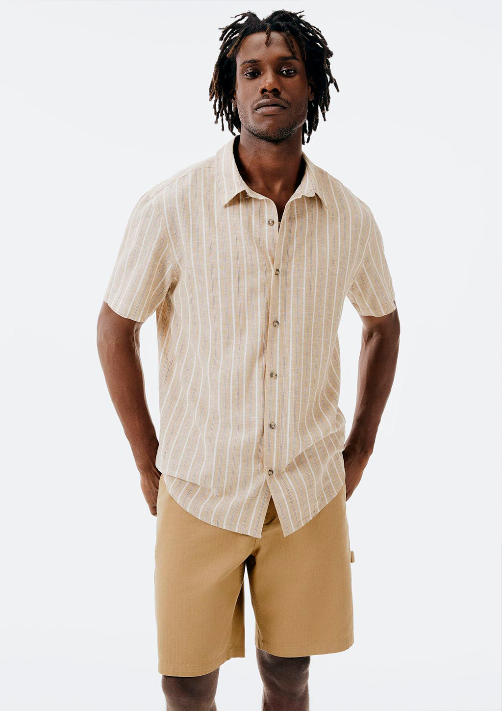 Camisa Manga Curta Fio Tinto Listrada Hering Masculino - Bege
