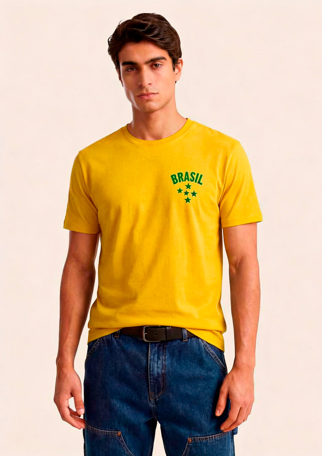 Camiseta Manga Curta Brasil Copa do Mundo Masculina Amarela Estrelas Leash
