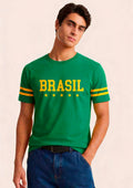 Camiseta Manga Curta Brasil Copa do Mundo Verde com Faixas Masculina Leash