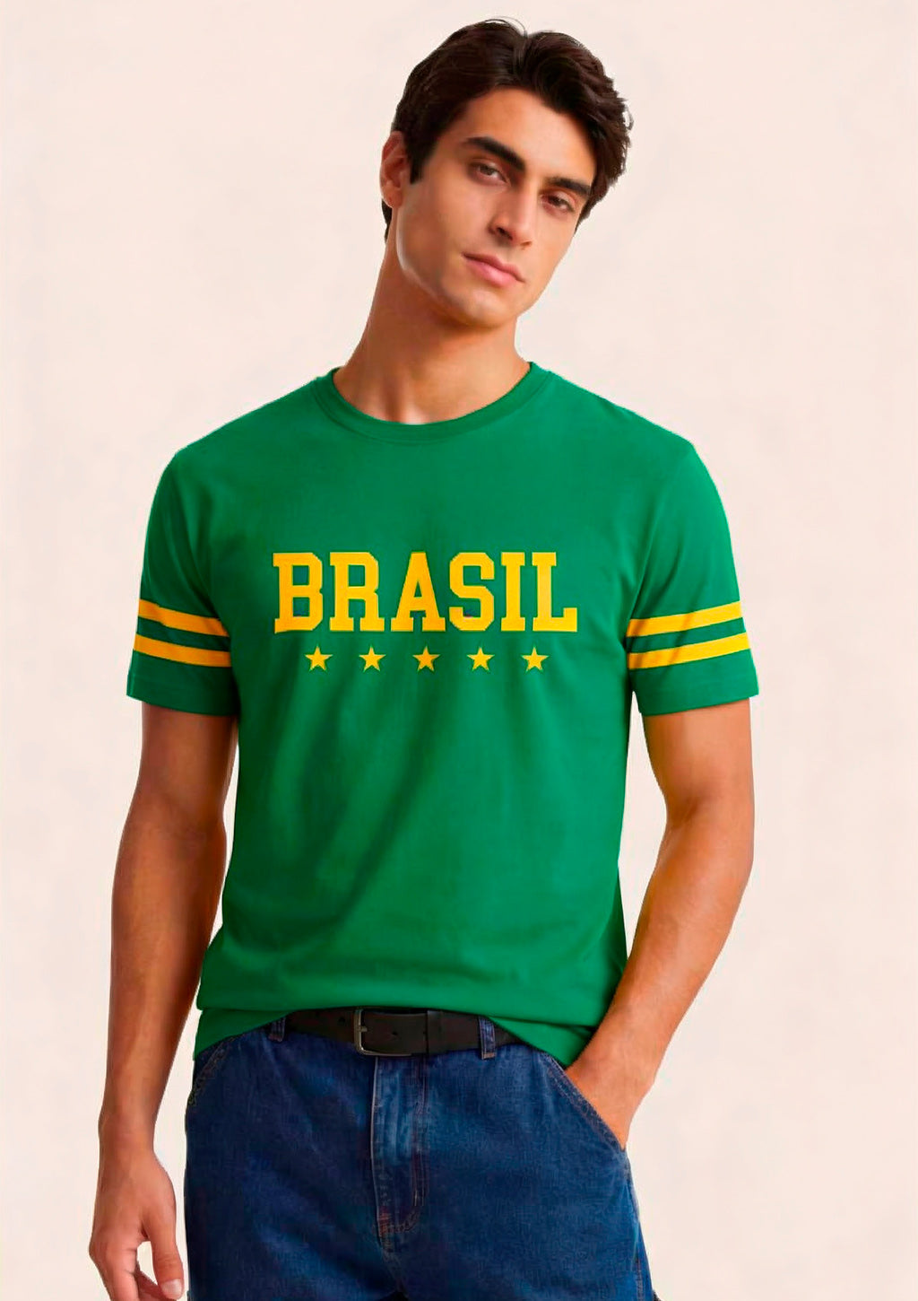 Camiseta Manga Curta Brasil Copa do Mundo Verde com Faixas Masculina Leash