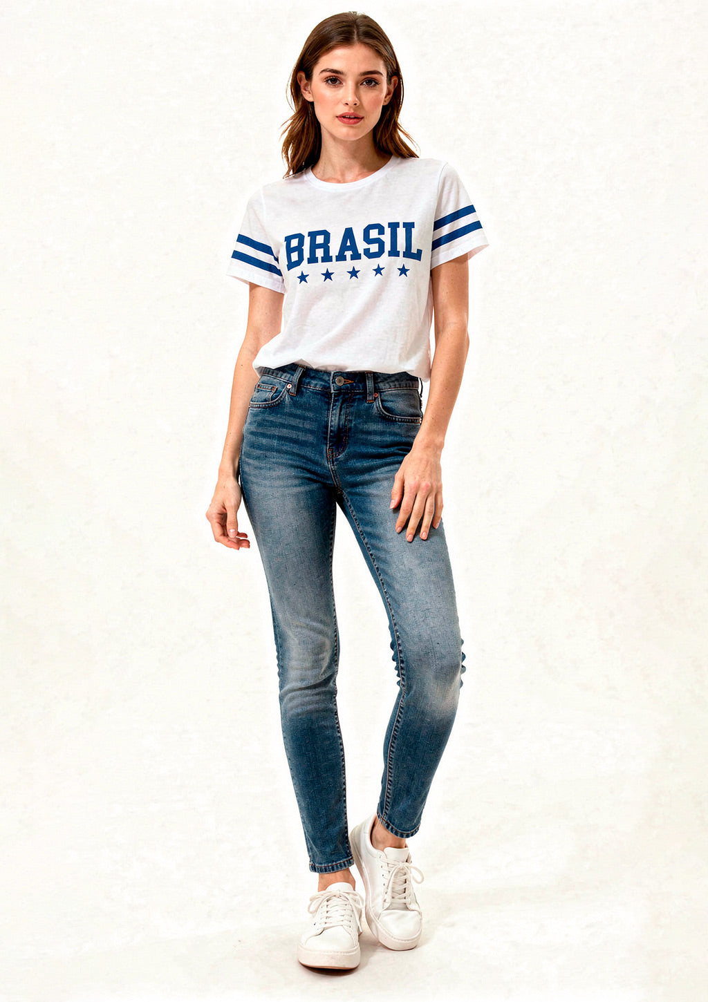 Camiseta Manga Curta Brasil Copa do Mundo Branca Feminina Leash