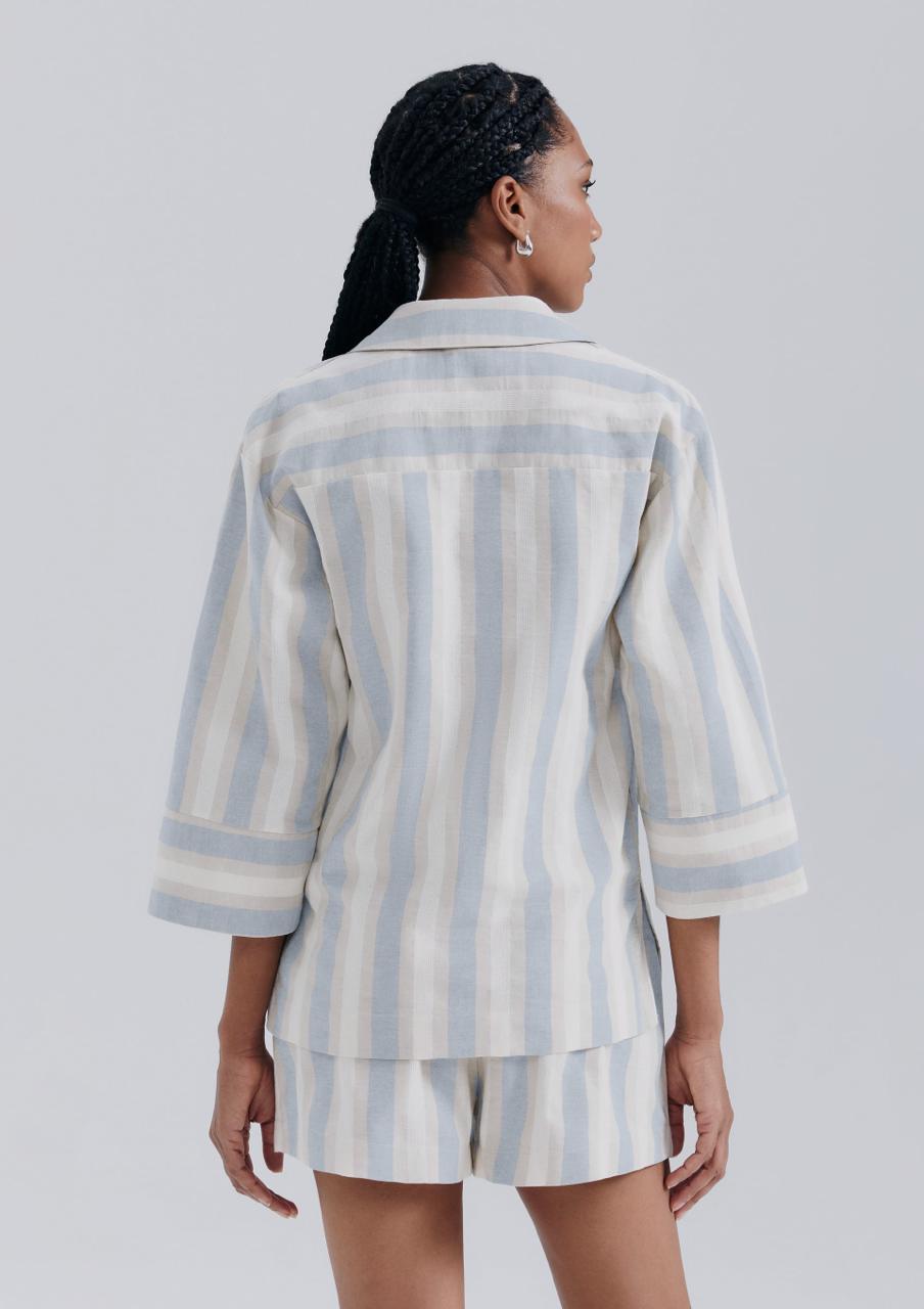 Camisa Feminina Manga Longa Listrada Hering - Azul e Creme