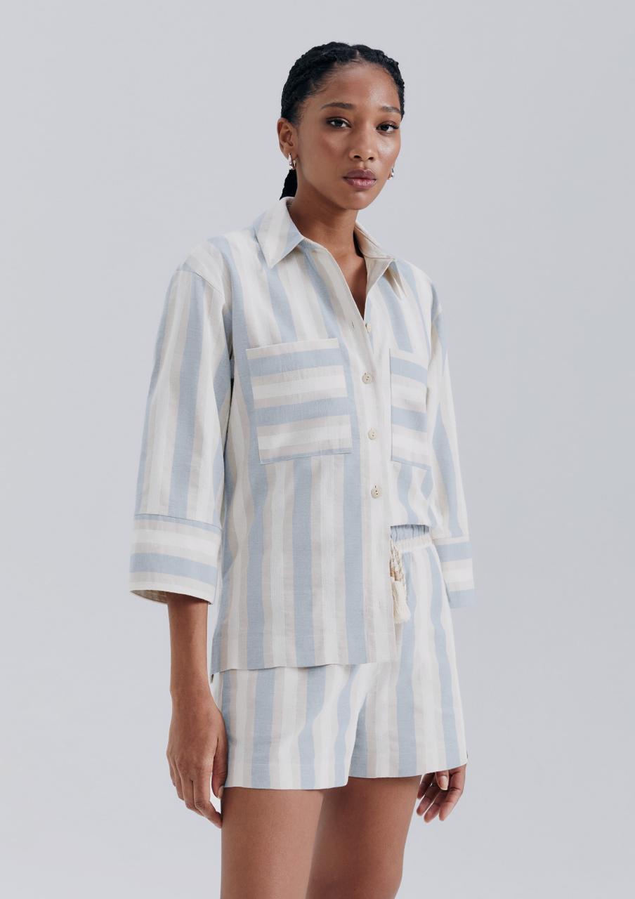 Camisa Feminina Manga Longa Listrada Hering - Azul e Creme